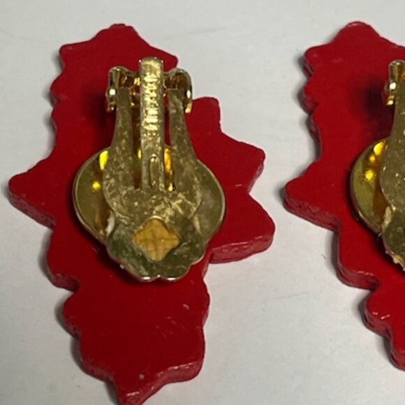 VTG Jeff Lieb Holiday Poinsettia Wooden Clip On Earrings Christmas1.75"x1" - Picture 10 of 14